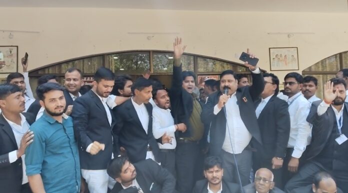 Lawyers stage protest at District Magistrate's office in Ambedkar Nagar over assault on lawyer