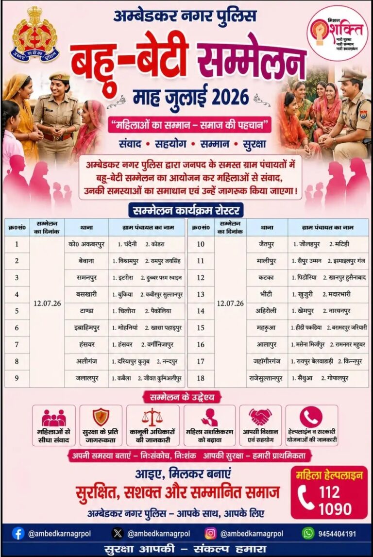 अंबेडकरनगर में हर रविवार होगा ‘बहू-बेटी सम्मेलन’, महिलाओं को सुरक्षा और अधिकारों की दी जाएगी जानकारी